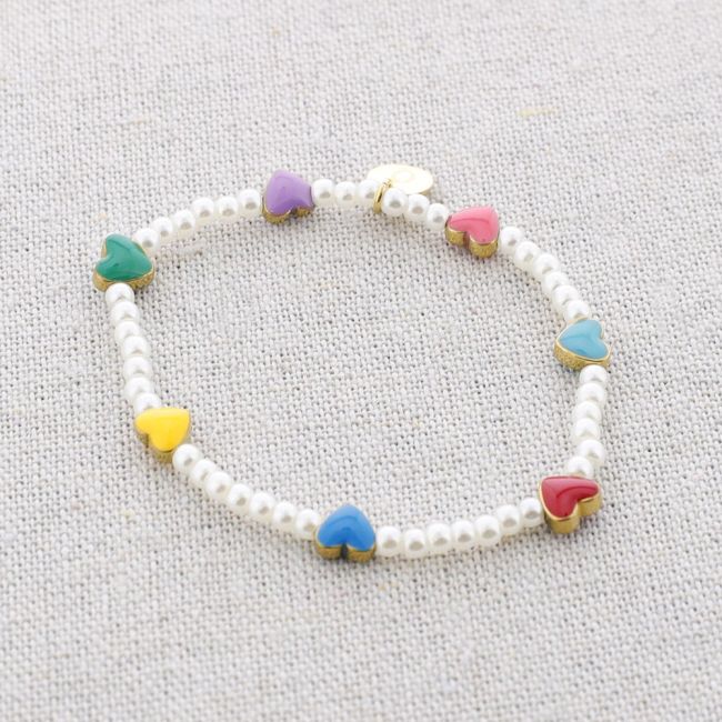 PULSERA ACERO PERLITAS CORAZONES ESMALTE