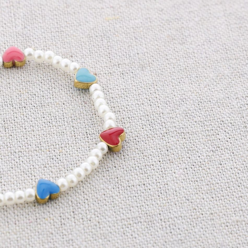 PULSERA ACERO PERLITAS CORAZONES ESMALTE