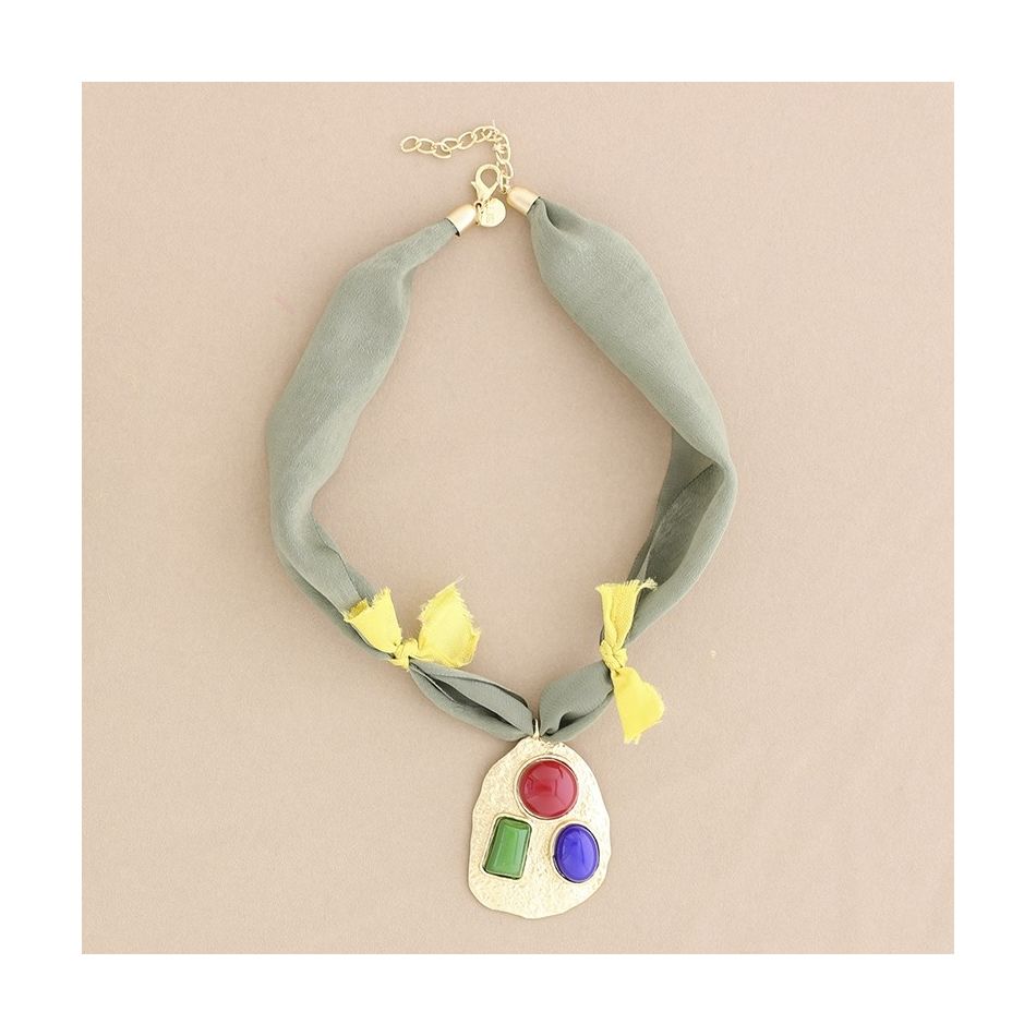 ETHNIC FABRIC METAL RESIN SHORT NECKLACE