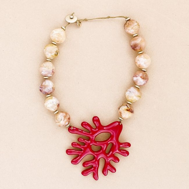 CORAL RESIN PENDANT BEADS SHORT NECKLACE