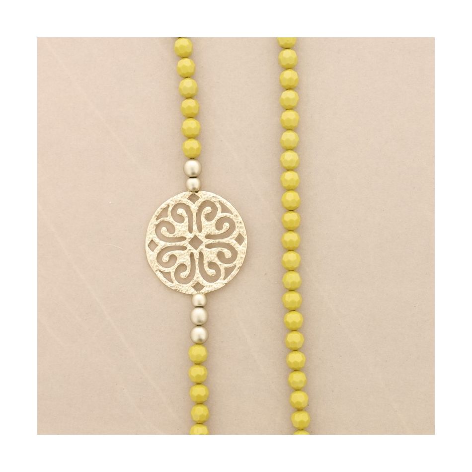 METAL MEDALLION FACETED RESIN BEADS LONG NECKLACE