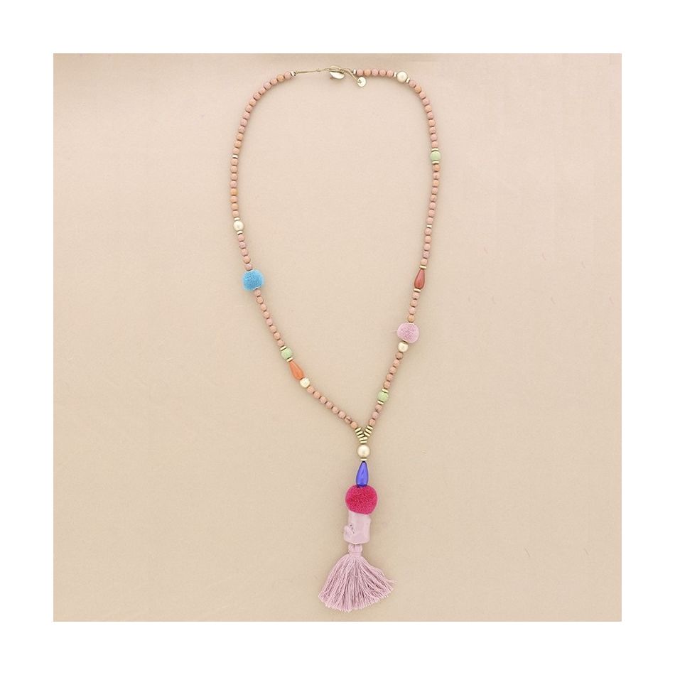 LONG NECKLACE WITH RESIN BEADS PENDANT FRINGE