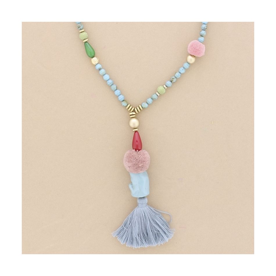 COLLAR LARGO CUENTAS RESINA COLGANTE FLECO