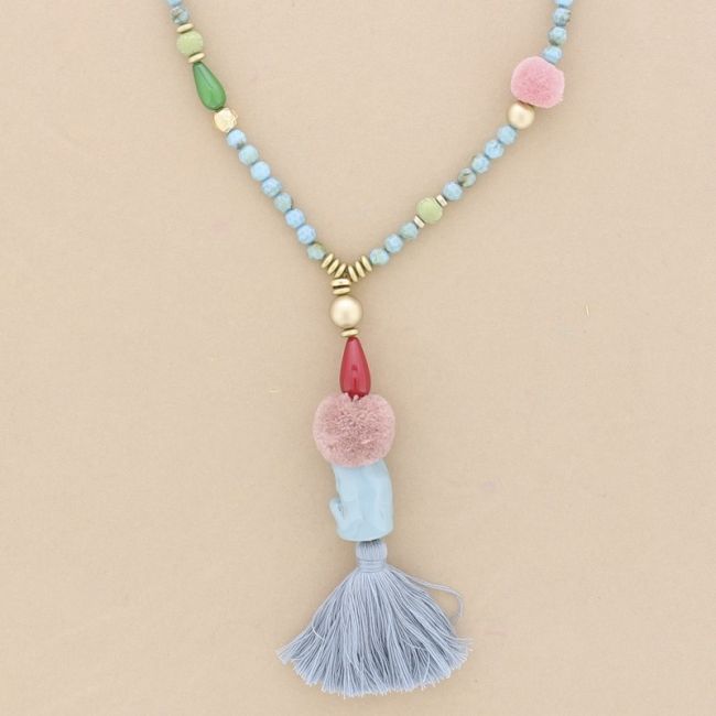 COLLAR LARGO CUENTAS RESINA COLGANTE FLECO
