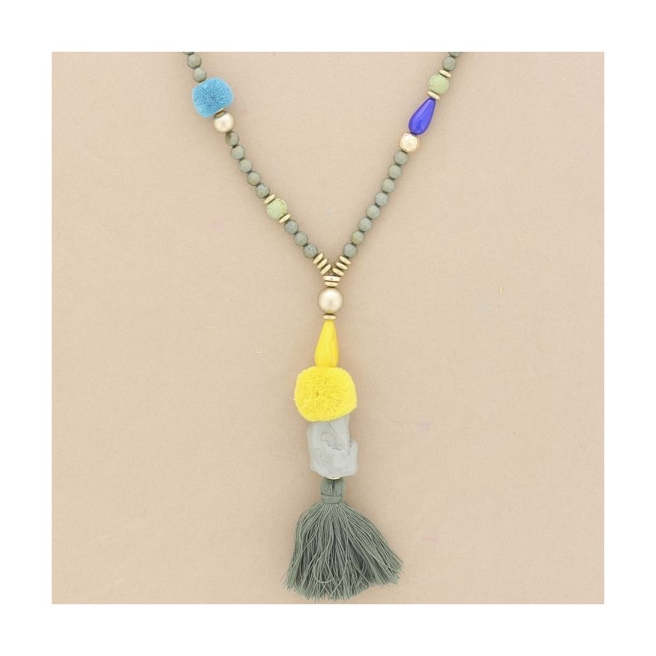 LONG NECKLACE WITH RESIN BEADS PENDANT FRINGE