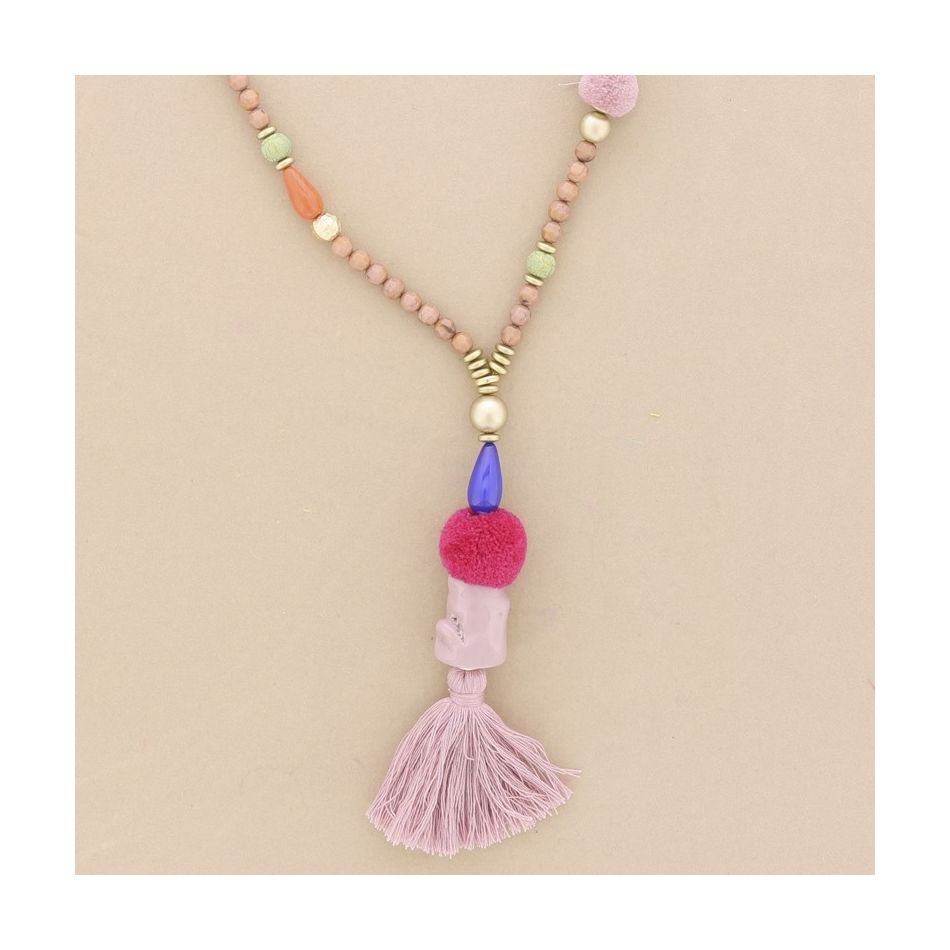 COLLAR LARGO CUENTAS RESINA COLGANTE FLECO