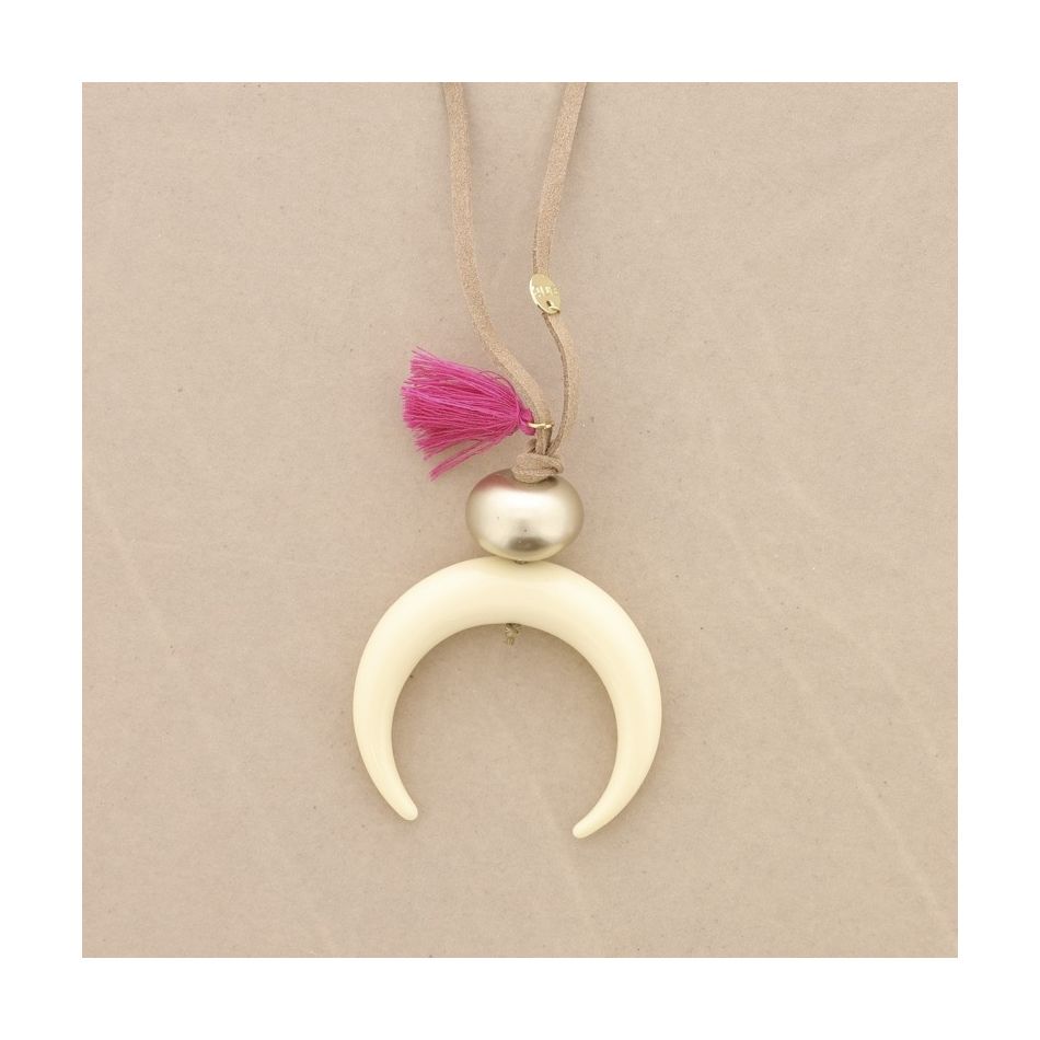SUEDE LONG NECKLACE RESIN HALF MOON PENDANT