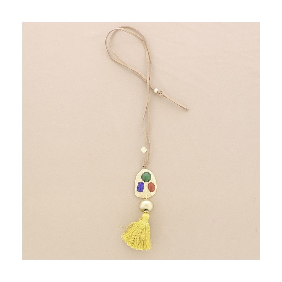 LONG SUEDE NECKLACE METAL RESIN FRINGE PENDANT