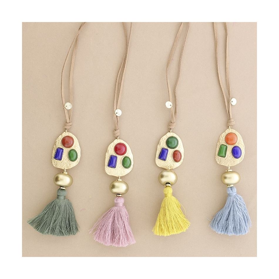 LONG SUEDE NECKLACE METAL RESIN FRINGE PENDANT