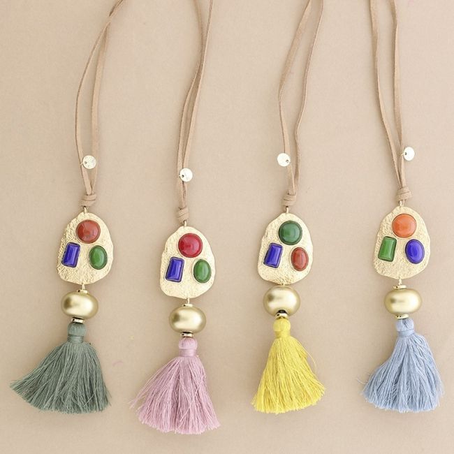LONG SUEDE NECKLACE METAL RESIN FRINGE PENDANT