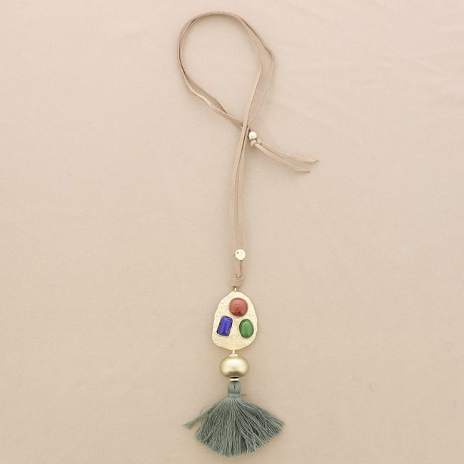 LONG SUEDE NECKLACE METAL RESIN FRINGE PENDANT