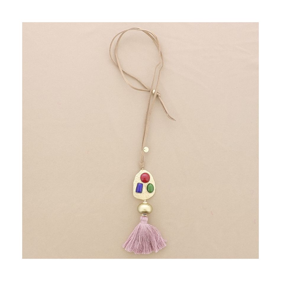 LONG SUEDE NECKLACE METAL RESIN FRINGE PENDANT