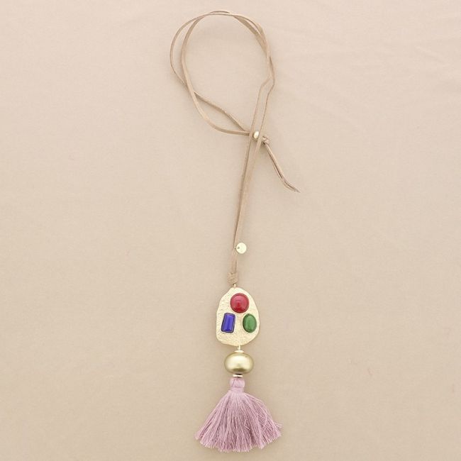 LONG SUEDE NECKLACE METAL RESIN FRINGE PENDANT