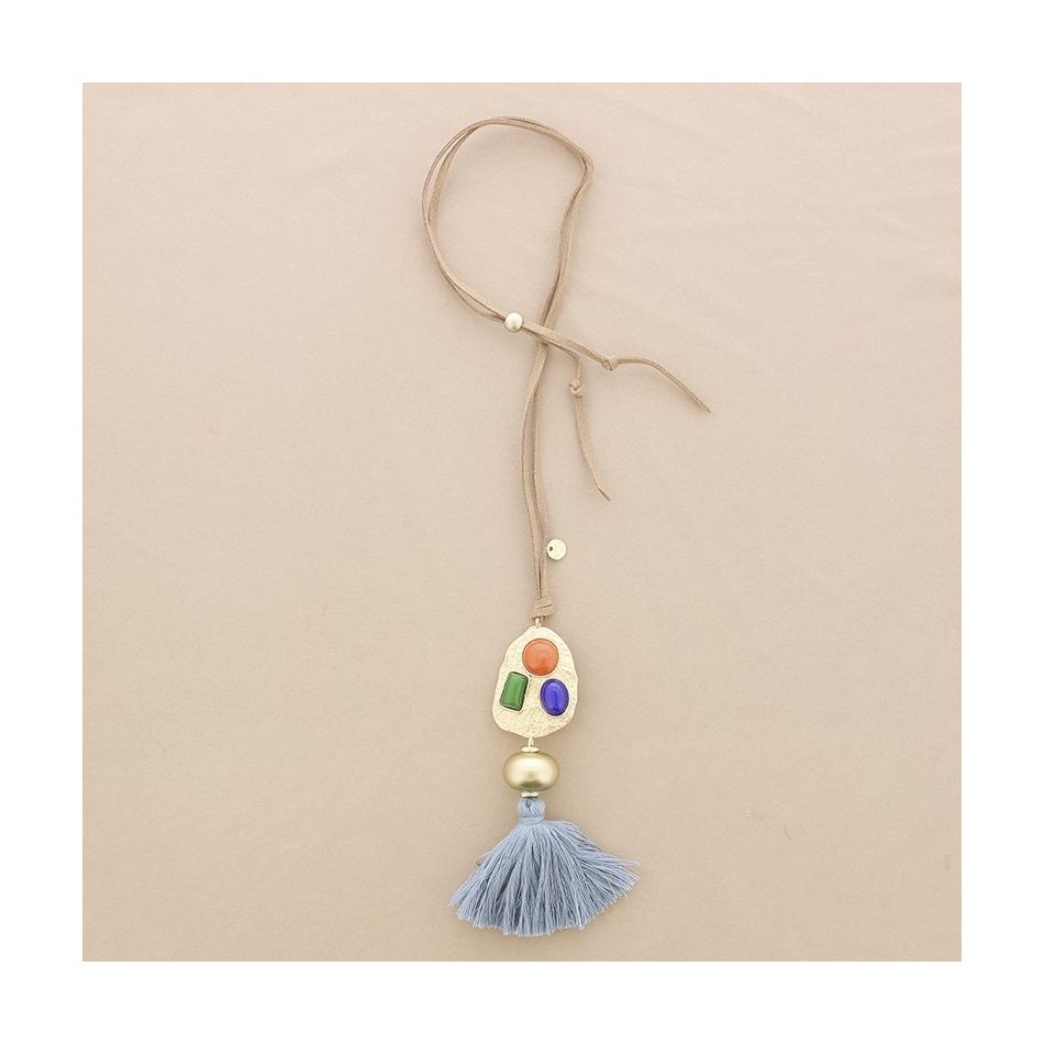 LONG SUEDE NECKLACE METAL RESIN FRINGE PENDANT