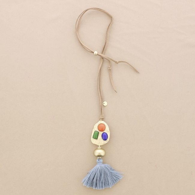 LONG SUEDE NECKLACE METAL RESIN FRINGE PENDANT
