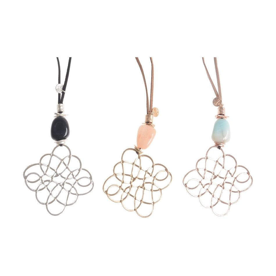 LONG NECKLACE STONE PENDANT METAL OPENWORK