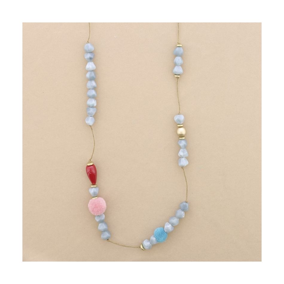 COLLAR LARGO CUENTAS RESINA POMPONES