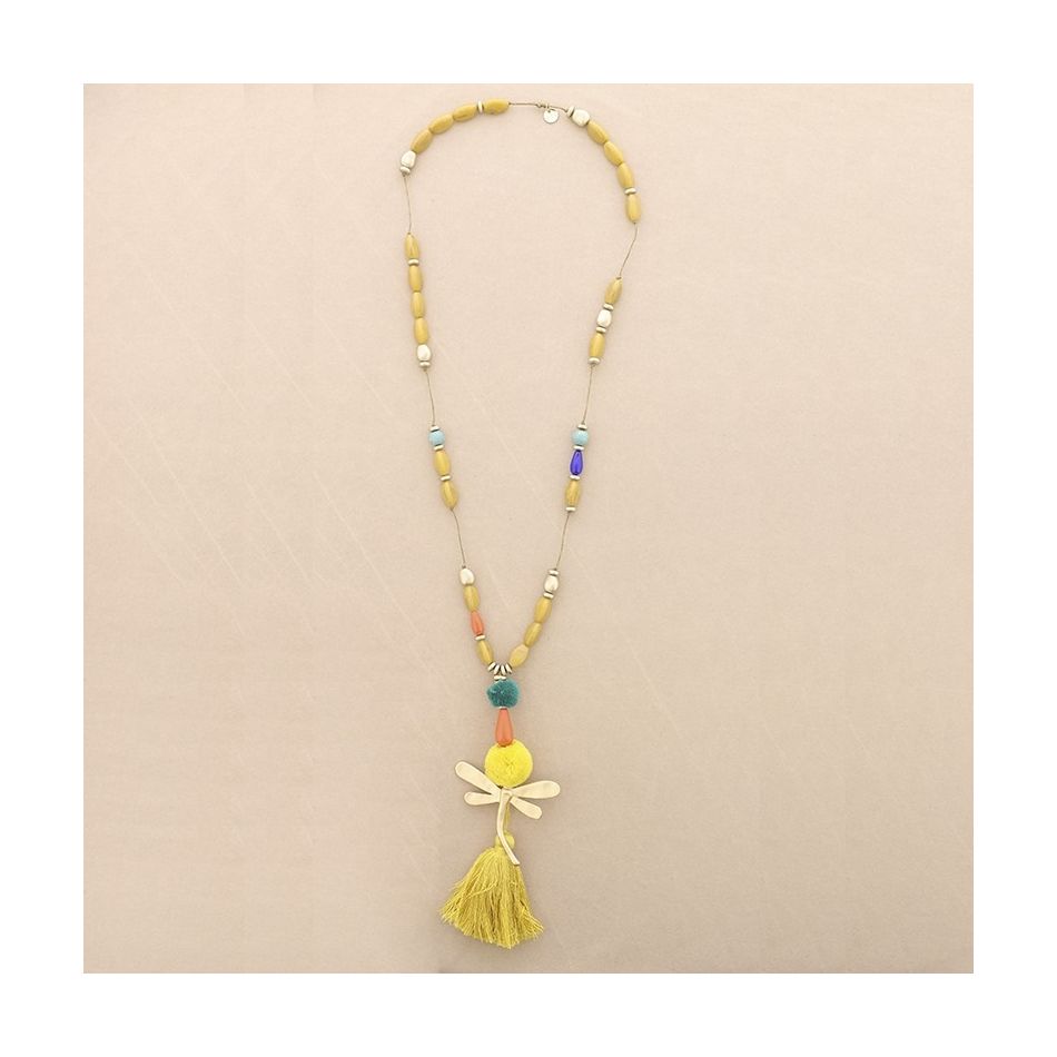 LONG NECKLACE WITH RESIN BEADS PENDANT DRAGONFLY FRINGE