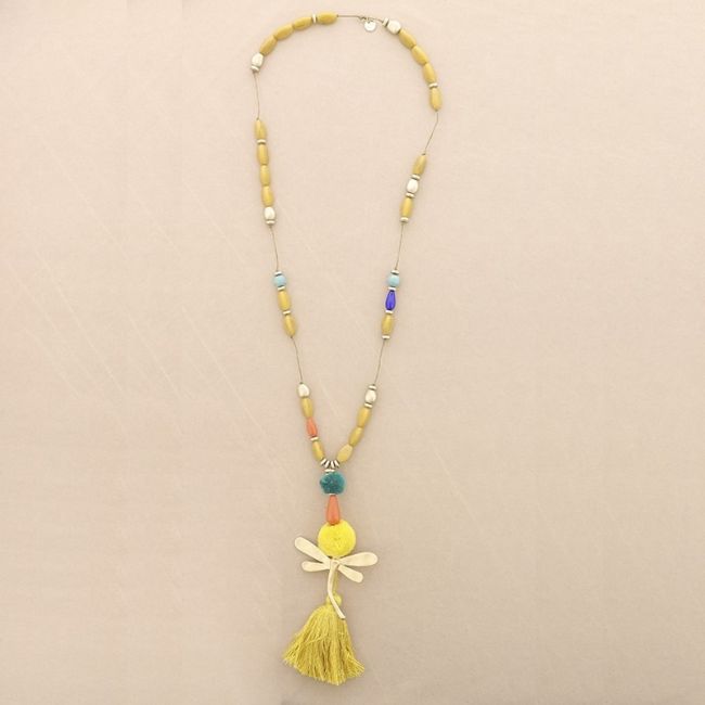 LONG NECKLACE WITH RESIN BEADS PENDANT DRAGONFLY FRINGE
