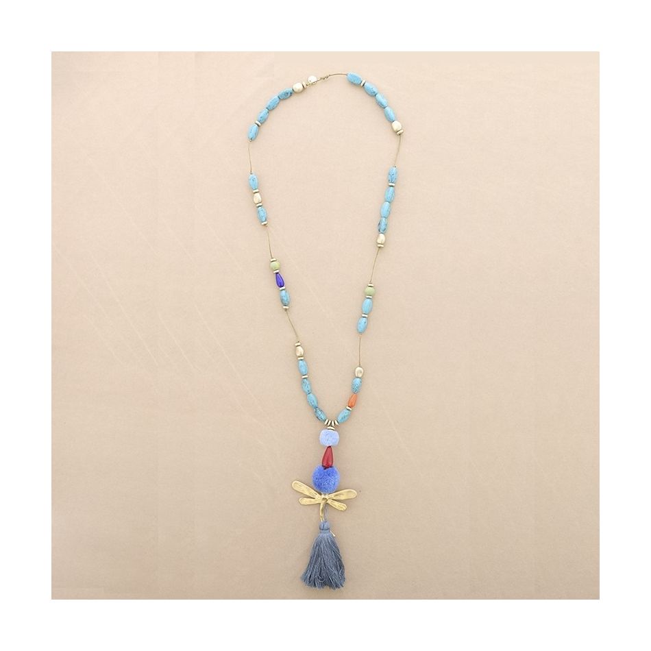 LONG NECKLACE WITH RESIN BEADS PENDANT DRAGONFLY FRINGE
