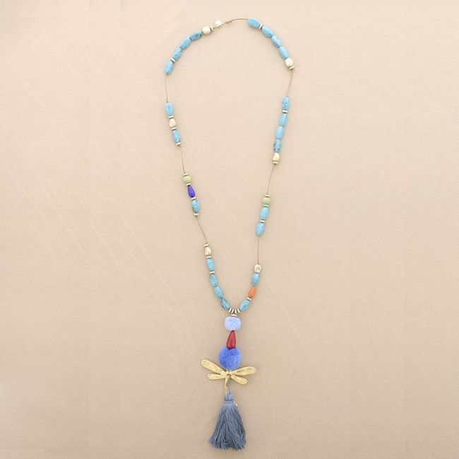 LONG NECKLACE WITH RESIN BEADS PENDANT DRAGONFLY FRINGE