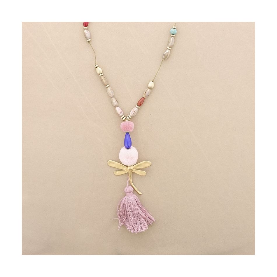 LONG NECKLACE WITH RESIN BEADS PENDANT DRAGONFLY FRINGE