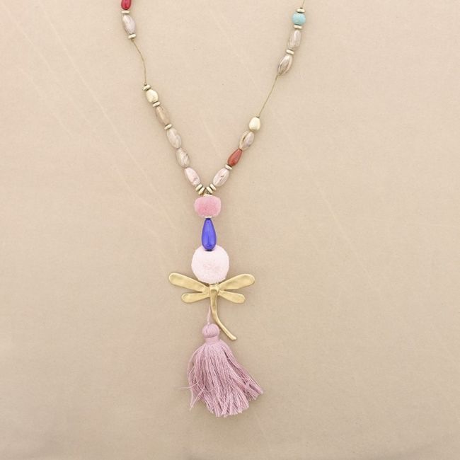 LONG NECKLACE WITH RESIN BEADS PENDANT DRAGONFLY FRINGE