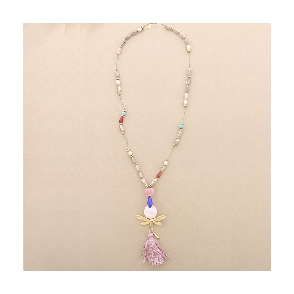 LONG NECKLACE WITH RESIN BEADS PENDANT DRAGONFLY FRINGE