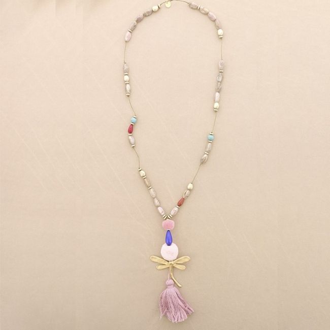 LONG NECKLACE WITH RESIN BEADS PENDANT DRAGONFLY FRINGE
