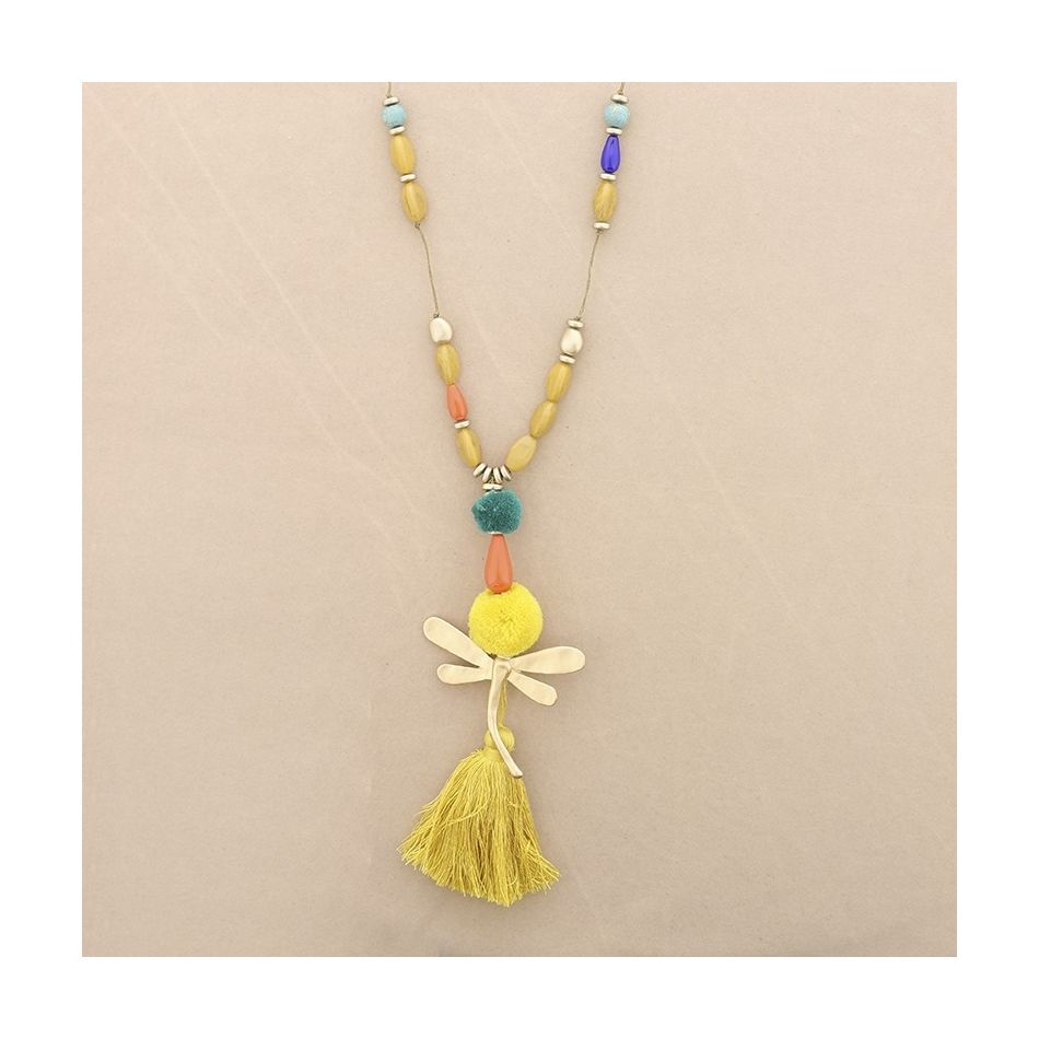 LONG NECKLACE WITH RESIN BEADS PENDANT DRAGONFLY FRINGE