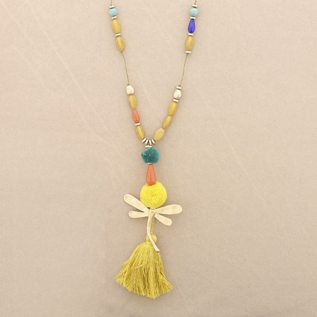 LONG NECKLACE WITH RESIN BEADS PENDANT DRAGONFLY FRINGE