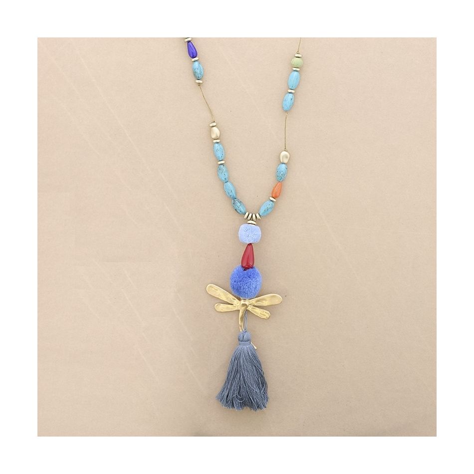 LONG NECKLACE WITH RESIN BEADS PENDANT DRAGONFLY FRINGE