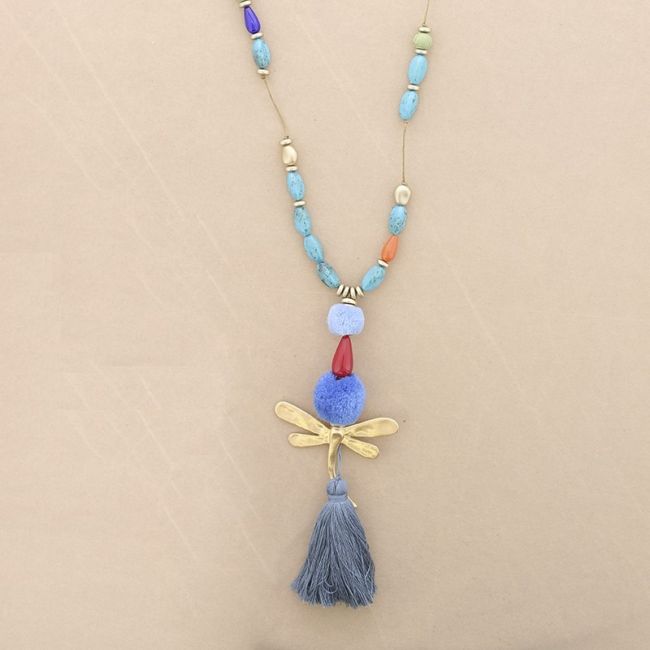 LONG NECKLACE WITH RESIN BEADS PENDANT DRAGONFLY FRINGE