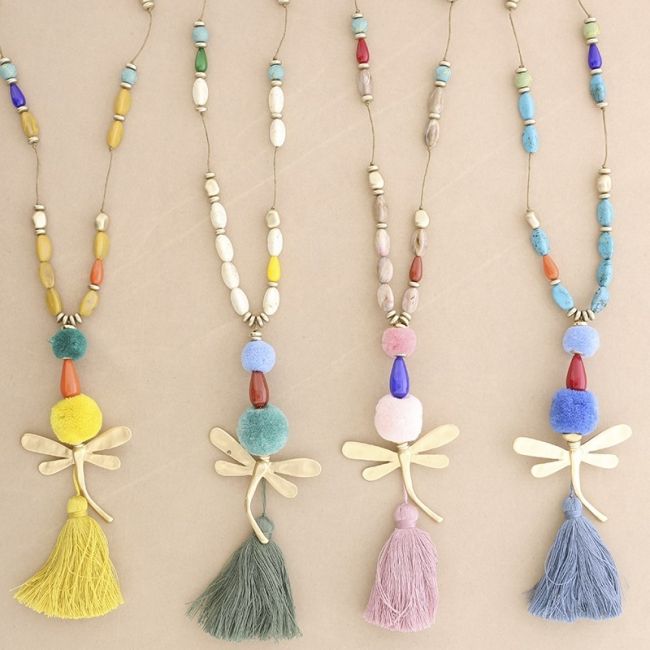 LONG NECKLACE WITH RESIN BEADS PENDANT DRAGONFLY FRINGE