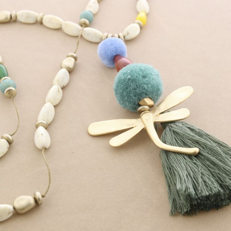 LONG NECKLACE WITH RESIN BEADS PENDANT DRAGONFLY FRINGE