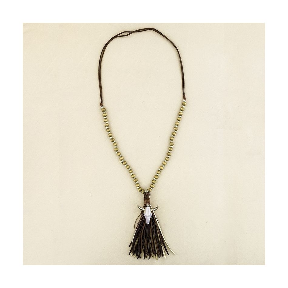 COLLAR LARGO CUENTAS MADERA CABEZA TORO FLECO
