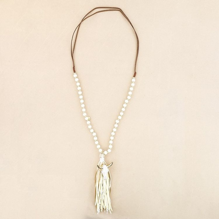 LONG NECKLACE WOODEN BEADS BULL HEAD FRINGE 2