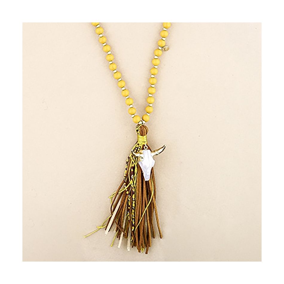 COLLAR LARGO CUENTAS MADERA CABEZA TORO FLECO