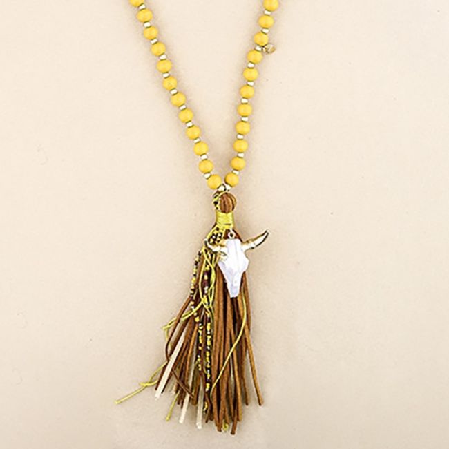 COLLAR LARGO CUENTAS MADERA CABEZA TORO FLECO