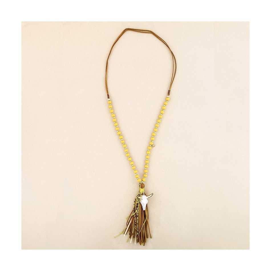 COLLAR LARGO CUENTAS MADERA CABEZA TORO FLECO