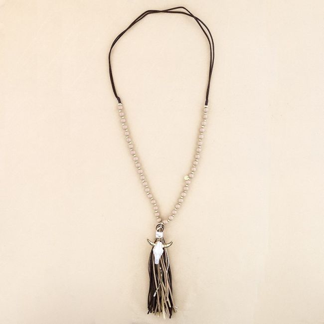 COLLAR LARGO CUENTAS MADERA CABEZA TORO FLECO