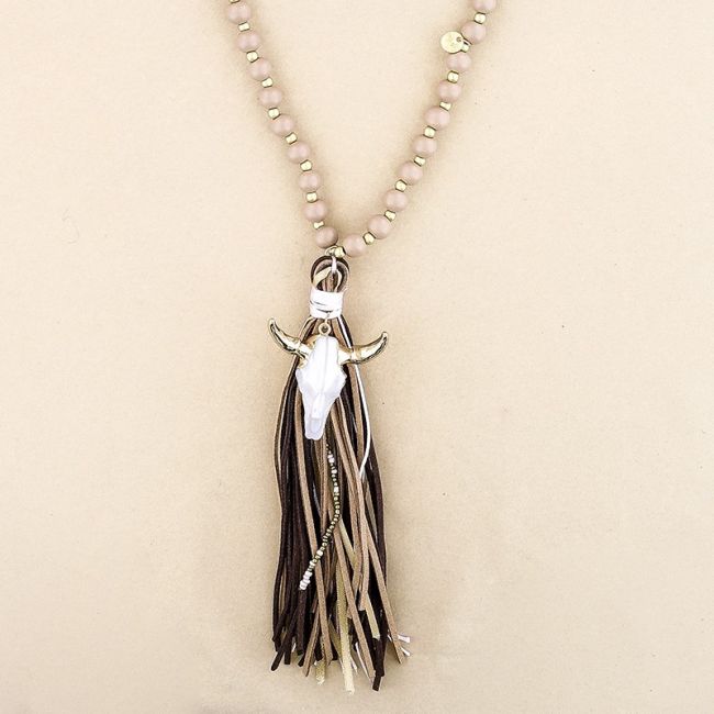 COLLAR LARGO CUENTAS MADERA CABEZA TORO FLECO