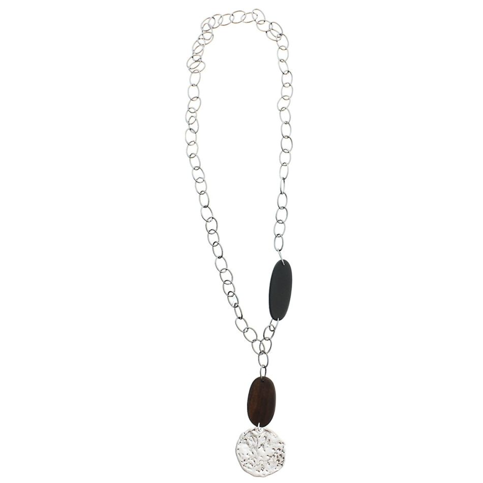 LONG WOODEN METAL PENDANT NECKLACE