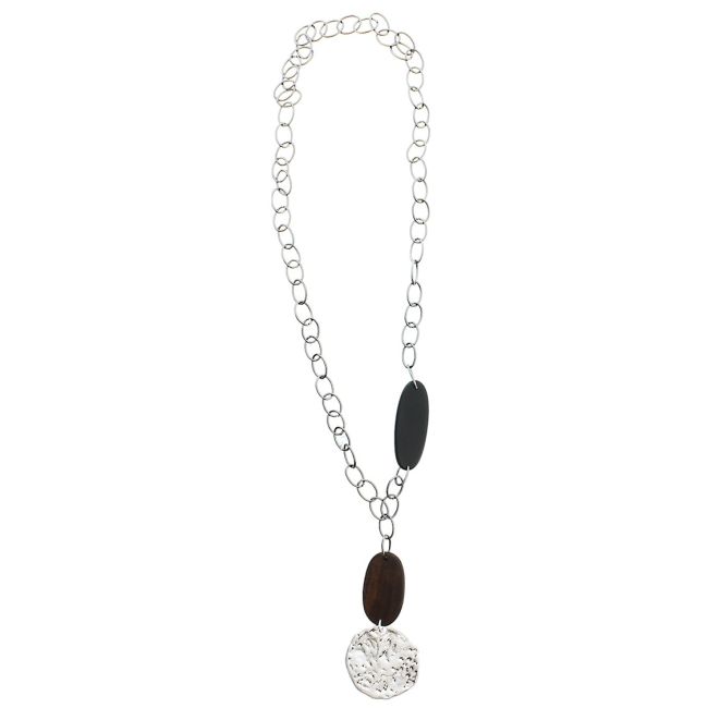 LONG WOODEN METAL PENDANT NECKLACE