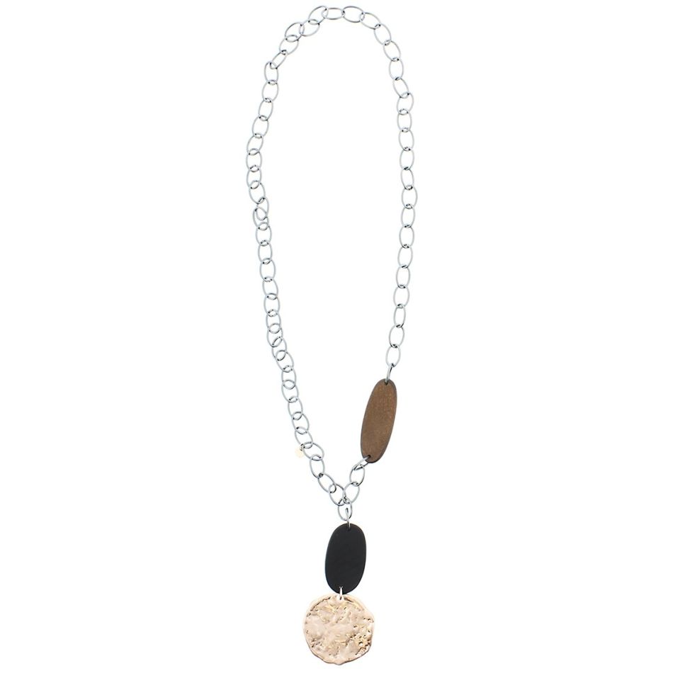 LONG WOODEN METAL PENDANT NECKLACE