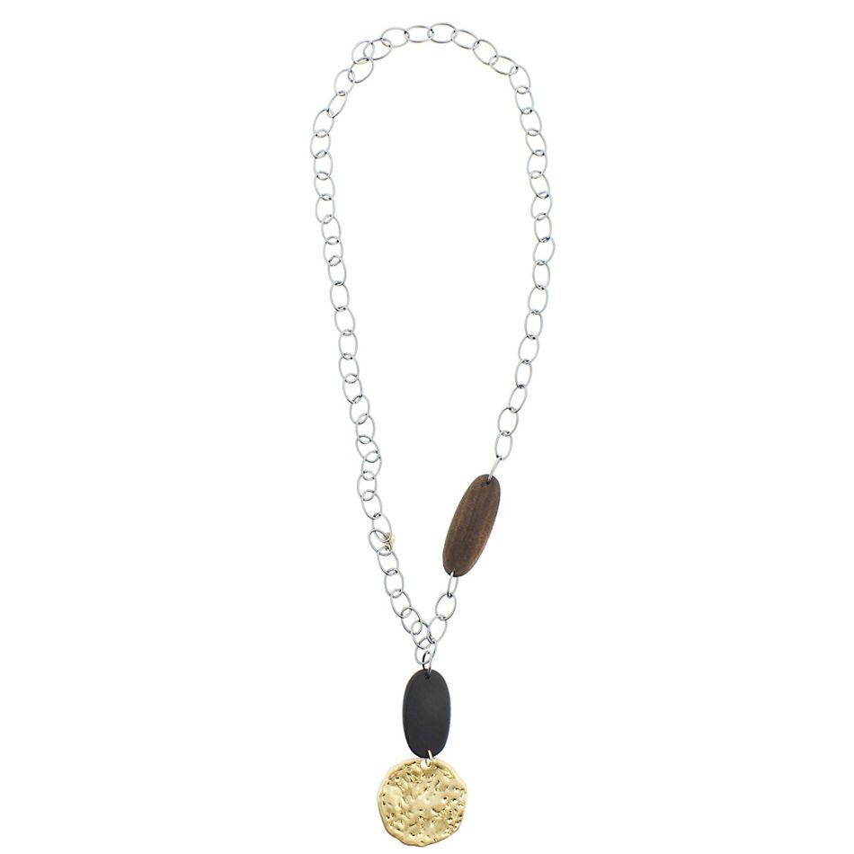LONG WOODEN METAL PENDANT NECKLACE