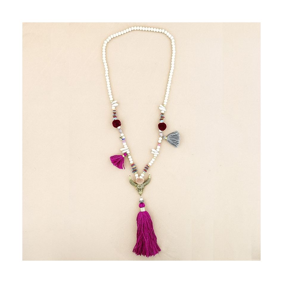 LONG NECKLACE WITH WOODEN BEADS BULL HEAD PENDANT FRINGE