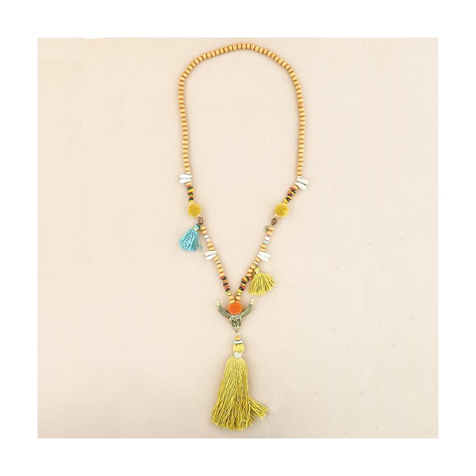 COLLAR LARGO CUENTAS MADERA COLGANTE CABEZA TORO FLECO