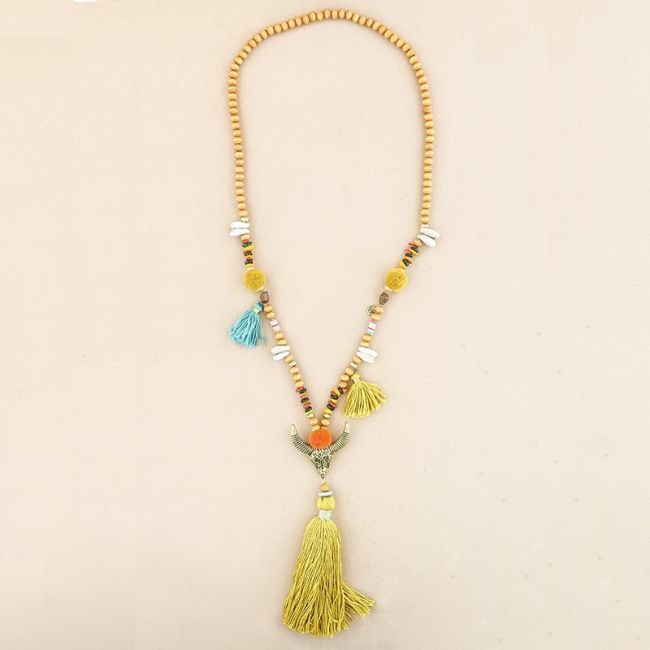 COLLAR LARGO CUENTAS MADERA COLGANTE CABEZA TORO FLECO