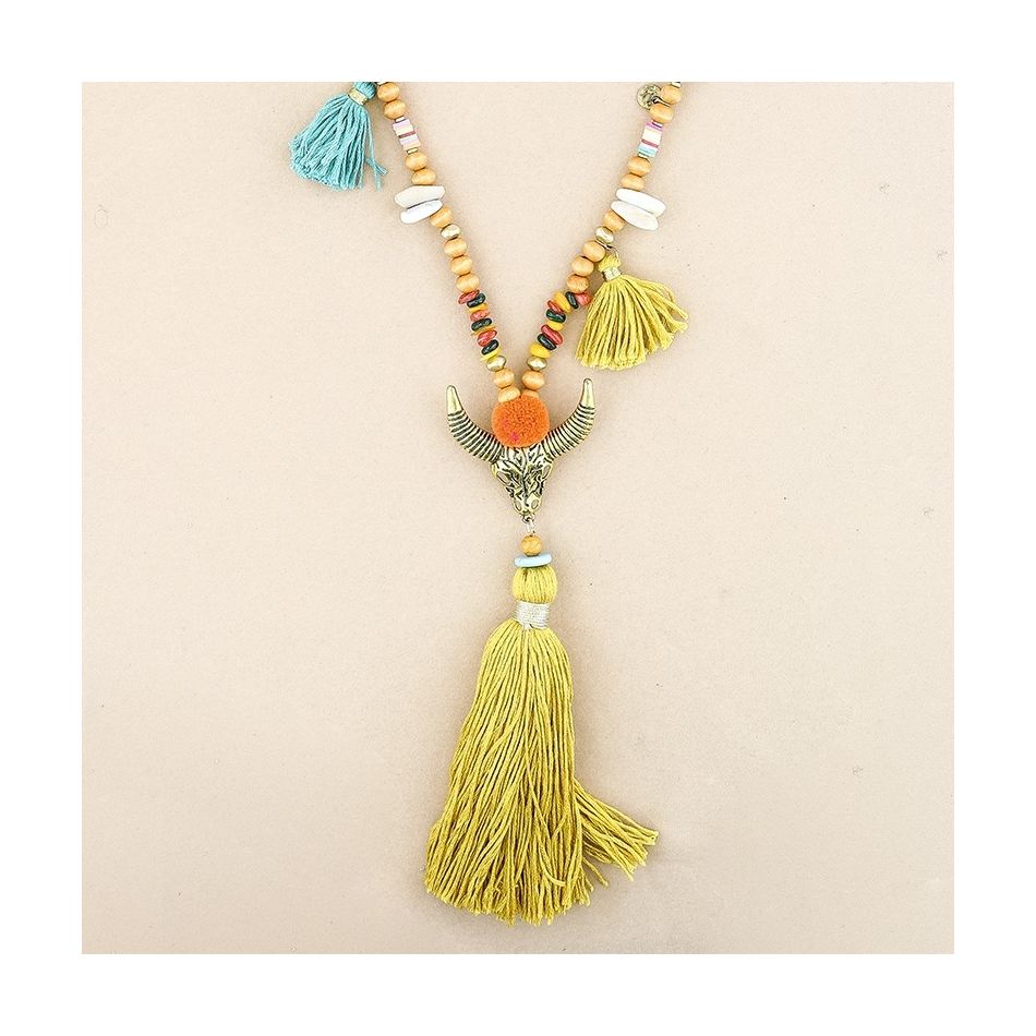 COLLAR LARGO CUENTAS MADERA COLGANTE CABEZA TORO FLECO